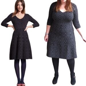 Boden Annabel Knit Dress Fit & Flare V Neck Textured Geometric Pattern Gray 12